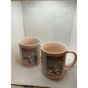 Two Otagiri/Japan Ceramic Cat Print Coffee Mugs By Curie-Swann